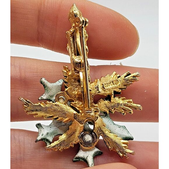 Vintage Christmas Candle Brooch Pin Enamel with Rhinestone Flame Signed Roma 2in - Picture 2 of 4